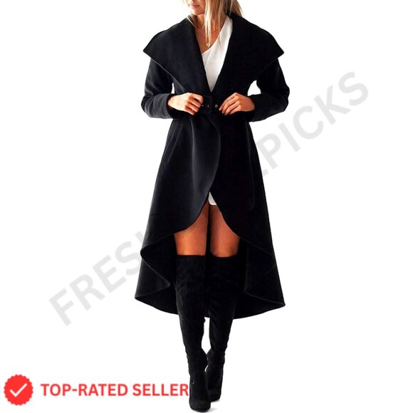 Wool Trench Coat with Belt Large Collar High Low Hem Winter Outwear